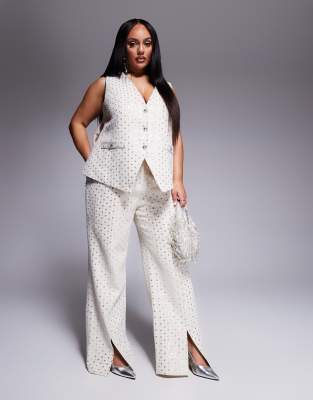 Asos ASOS LUXE Curve Embellished Boucle Waist Coat With Bow Back And Embellished Boucle Trouser Co-ord In Cream