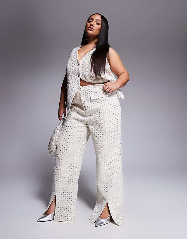 asos ASOS LUXE Curve embellished boucle waist coat with bow back and embellished boucle trouser co-ord in cream