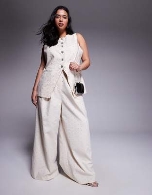 Asos ASOS LUXE Curve Hot Fix Linen Waistcoat With Embellished Buttons And Wide Leg Trouser In Stone