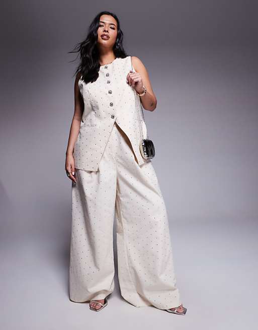 asos ASOS LUXE Curve hot fix linen waistcoat with embellished buttons and wide leg trouser in stone
