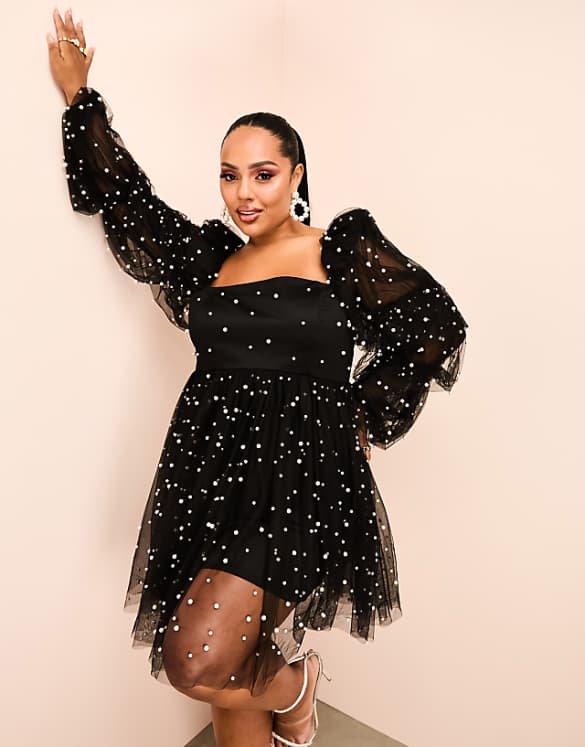 Asos ASOS LUXE Curve Tulle Baby Doll Dress With Pearl Embellishment In Black