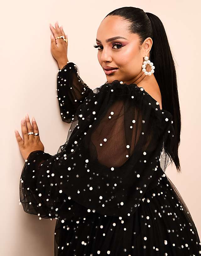 Asos ASOS LUXE Curve Tulle Baby Doll Dress With Pearl Embellishment In Black