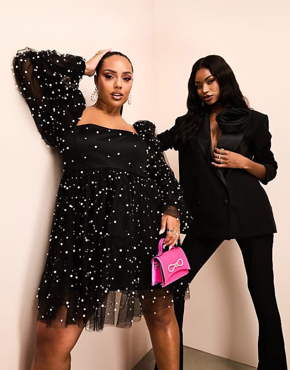 asos ASOS LUXE Curve tulle baby doll dress with pearl embellishment in black