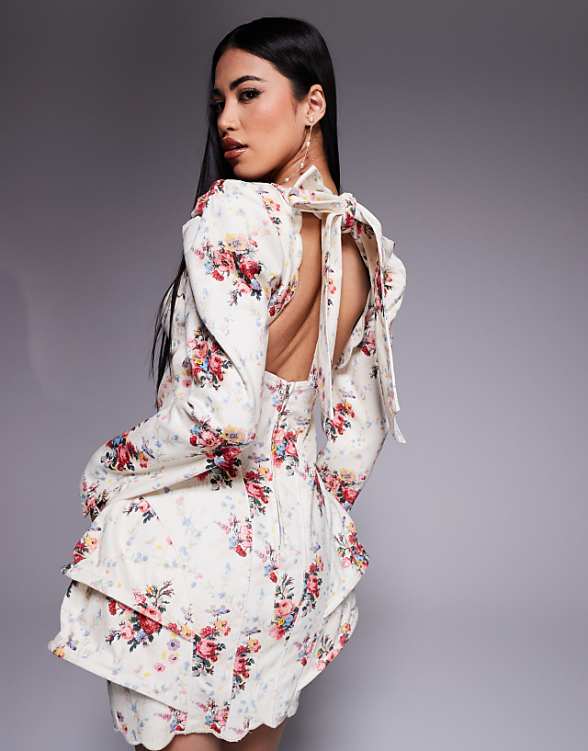 Asos ASOS LUXE Denim Structured Mini Dress With Scallop Detail And Back Bow In Ditsy Floral