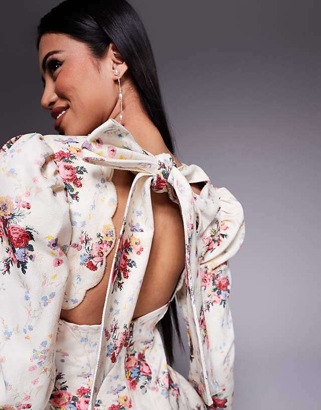 Asos ASOS LUXE Denim Structured Mini Dress With Scallop Detail And Back Bow In Ditsy Floral