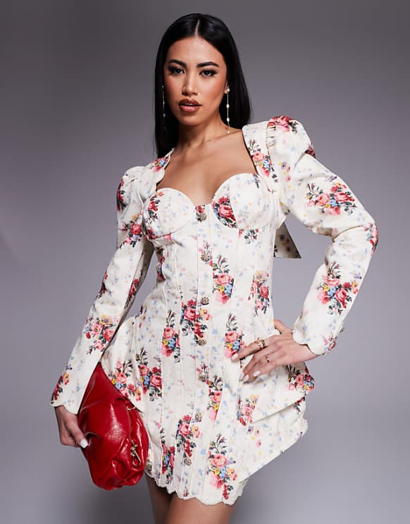 asos ASOS LUXE denim structured mini dress with scallop detail and back bow in ditsy floral