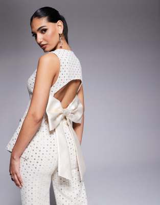 Asos ASOS LUXE Embellished Boucle Waist Coat With Bow Back And Embellished Boucle Trouser Co-ord In Cream