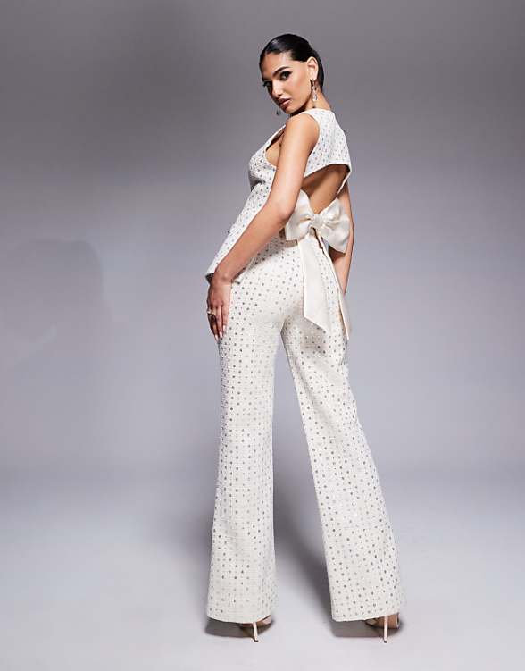 asos ASOS LUXE embellished boucle waist coat with bow back and embellished boucle trouser co-ord in cream