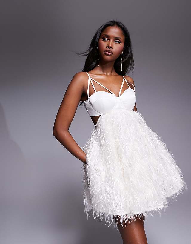 Asos ASOS LUXE Faux Feather Cupped Skater Dress In Cream