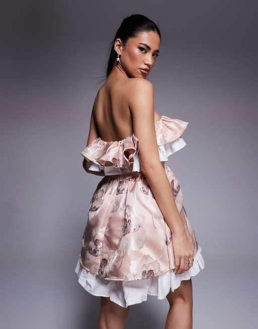 Asos ASOS LUXE Jacquard Bandeau Skater Mini Dress With Pleated Poplin In Floral Print