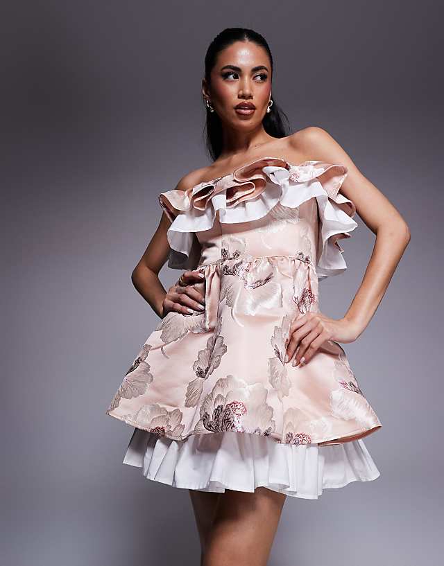 Asos ASOS LUXE Jacquard Bandeau Skater Mini Dress With Pleated Poplin In Floral Print