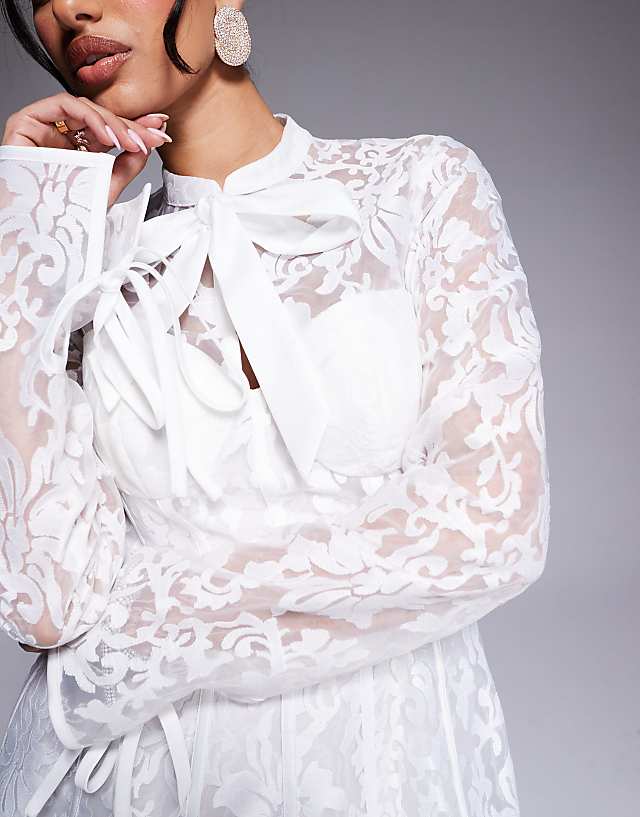 Asos ASOS LUXE Jacquard Lace Long Sleeve Caged Mini Dress In White