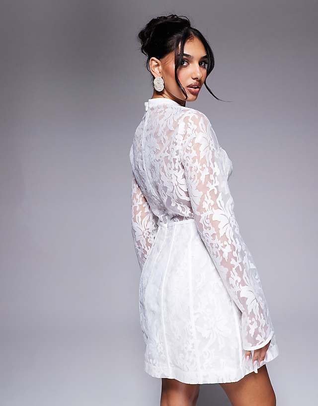 Asos ASOS LUXE Jacquard Lace Long Sleeve Caged Mini Dress In White