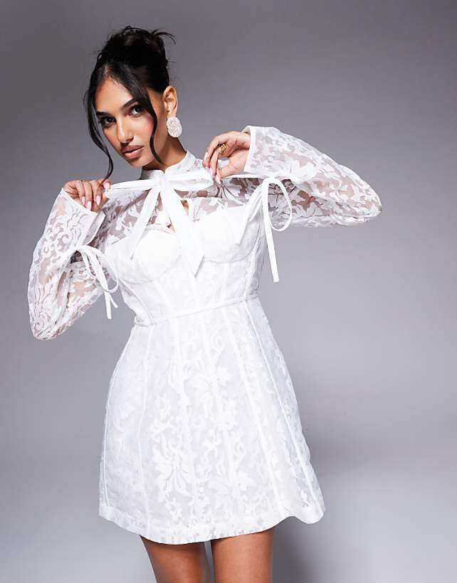 asos ASOS LUXE jacquard lace long sleeve caged mini dress in white