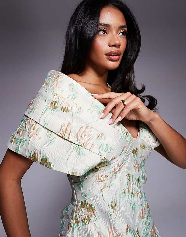 Asos ASOS LUXE Jacquard Off Shoulder Mini Dress With Bubble Hem In Pistachio Floral
