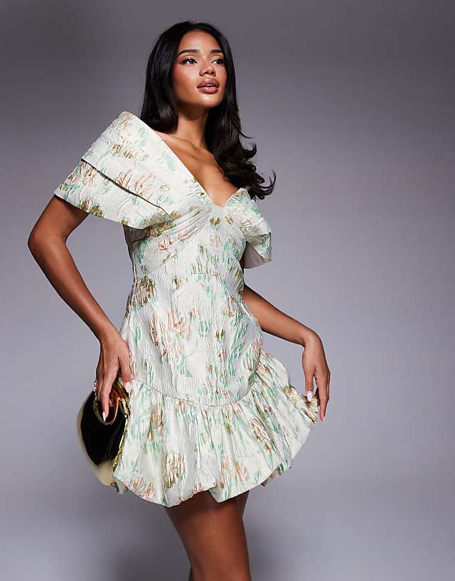 Asos ASOS LUXE Jacquard Off Shoulder Mini Dress With Bubble Hem In Pistachio Floral
