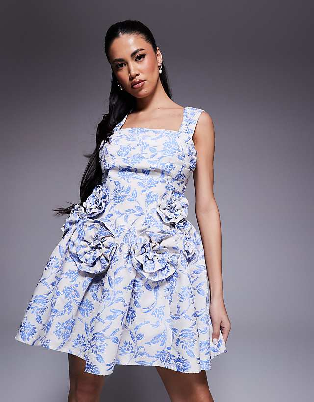 Asos ASOS LUXE Jacquard Pleated Bust Mini Skater Dress With Corsages In Tapestry Floral