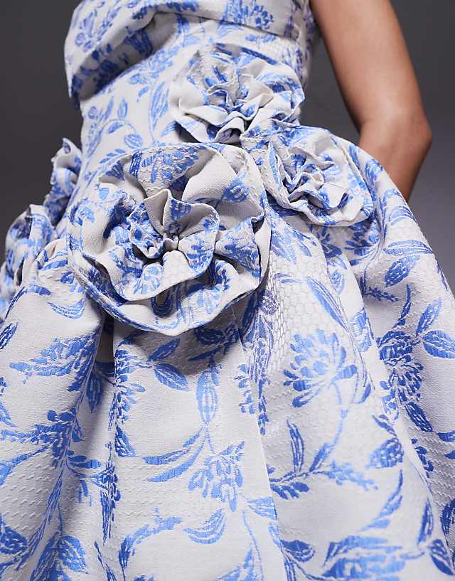 Asos ASOS LUXE Jacquard Pleated Bust Mini Skater Dress With Corsages In Tapestry Floral