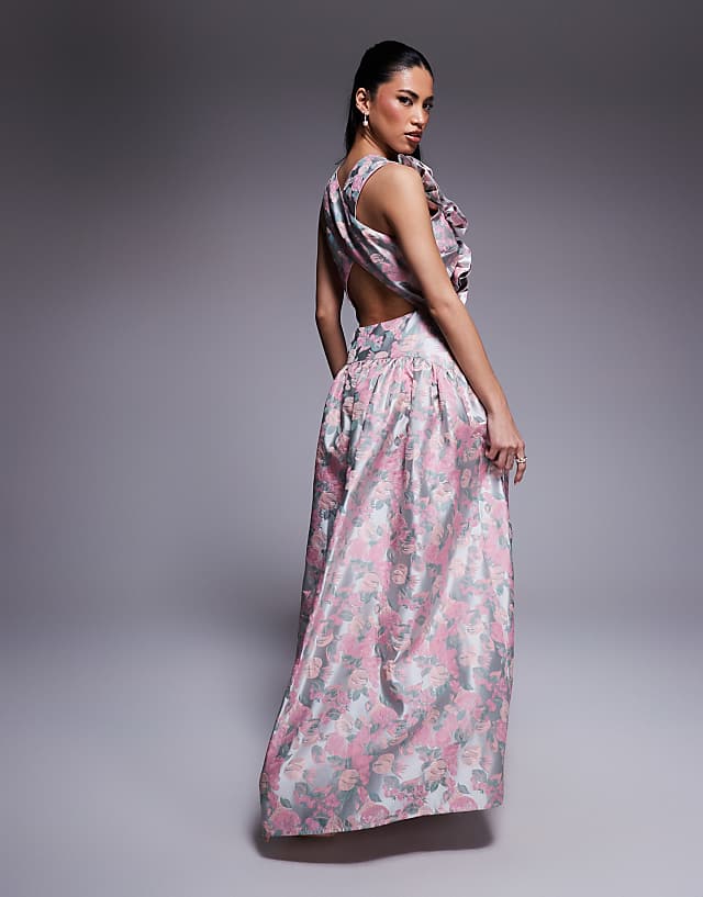Asos ASOS LUXE Jacquard Plunge Drop Waist Corsage Maxi Dress In Ditsy Floral