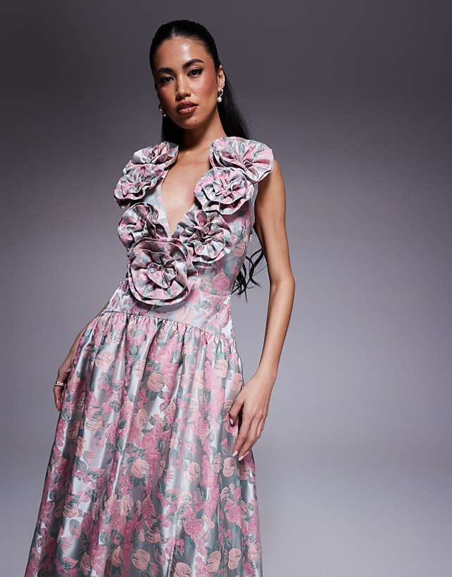 Asos ASOS LUXE Jacquard Plunge Drop Waist Corsage Maxi Dress In Ditsy Floral