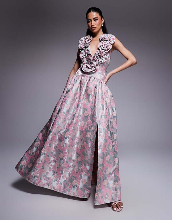 asos ASOS LUXE jacquard plunge drop waist corsage maxi dress in ditsy floral