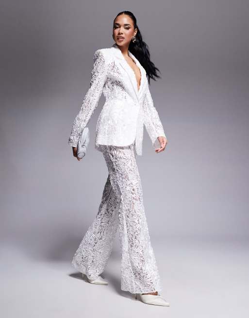 Asos ASOS LUXE Lace Tailored Blazer And Kick-flare Tailored Trouser Co-ord In Ivory