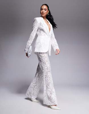 Asos ASOS LUXE Lace Tailored Blazer And Kick-flare Tailored Trouser Co-ord In Ivory