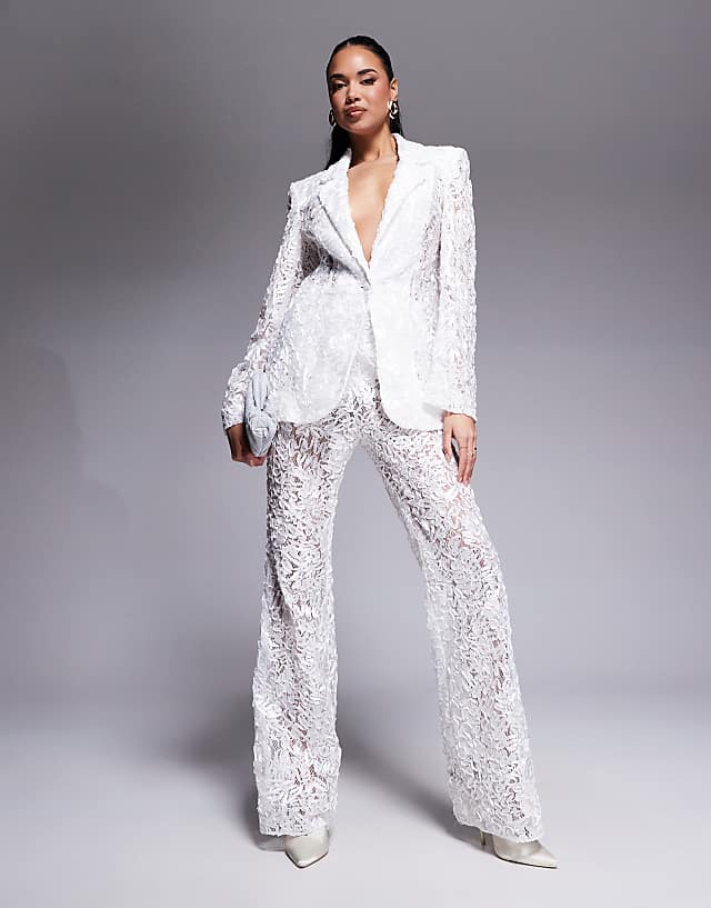 asos ASOS LUXE lace tailored blazer and kick-flare tailored trouser co-ord in ivory