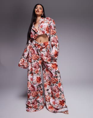 Asos ASOS LUXE Linen Look Cropped Tailored Blazer And Linen Look Tailored Wide Leg Trouser Co-ord In Tapestry Floral