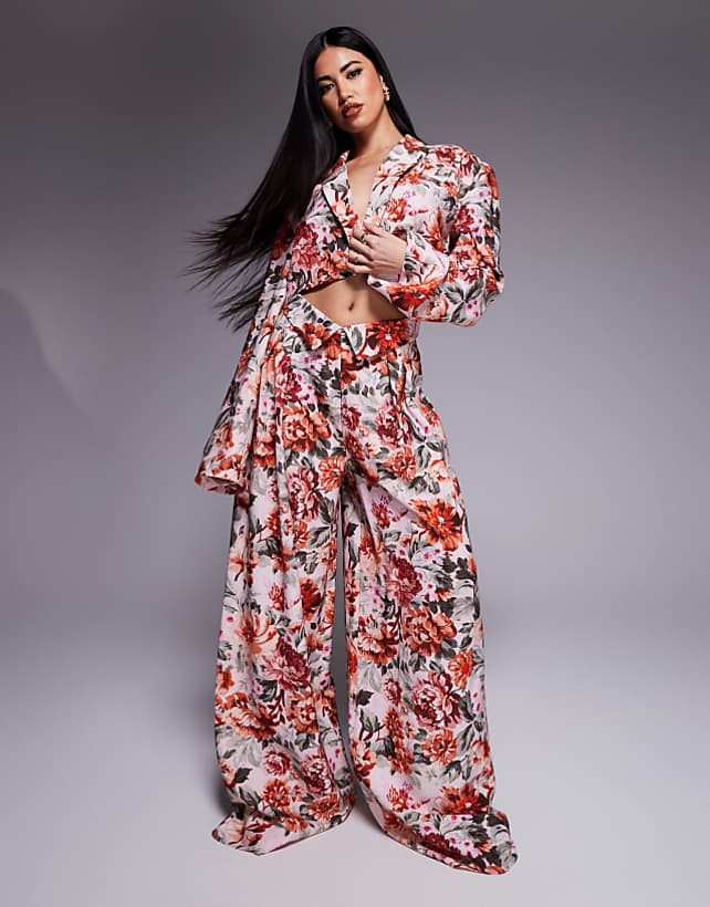 asos ASOS LUXE linen look cropped tailored blazer and linen look tailored wide leg trouser co-ord in tapestry floral