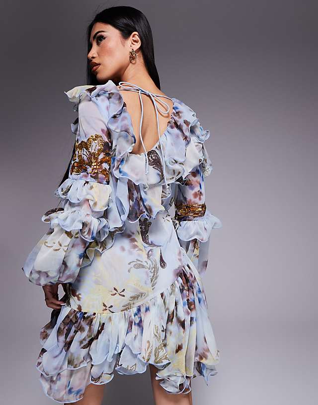 Asos ASOS LUXE Organza And Chiffon Printed Asymmetrical Mini Dress With Embellishment In Blue Western Floral