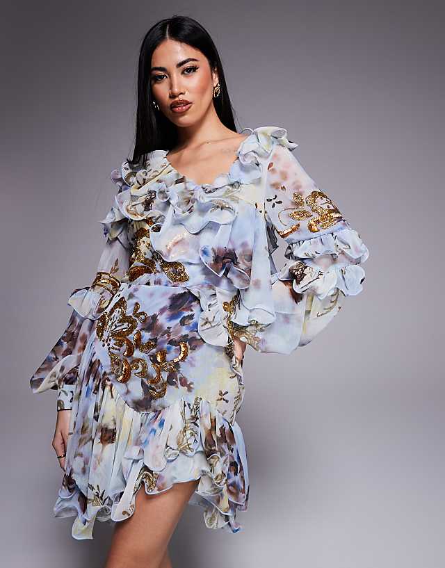 asos ASOS LUXE organza and chiffon printed asymmetrical mini dress with embellishment in blue western floral