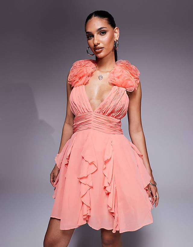 Asos ASOS LUXE Organza Ruffle Skater Mini Dress In Pink