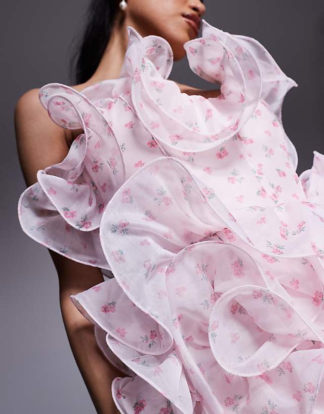 Asos ASOS LUXE Organza Wired Ruffle Mini Dress In Ditsy Floral