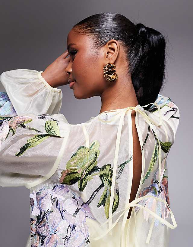 Asos ASOS LUXE Oversized Organza Mini Smock Dress With Floral Embroidery In Buttermilk - YELLOW