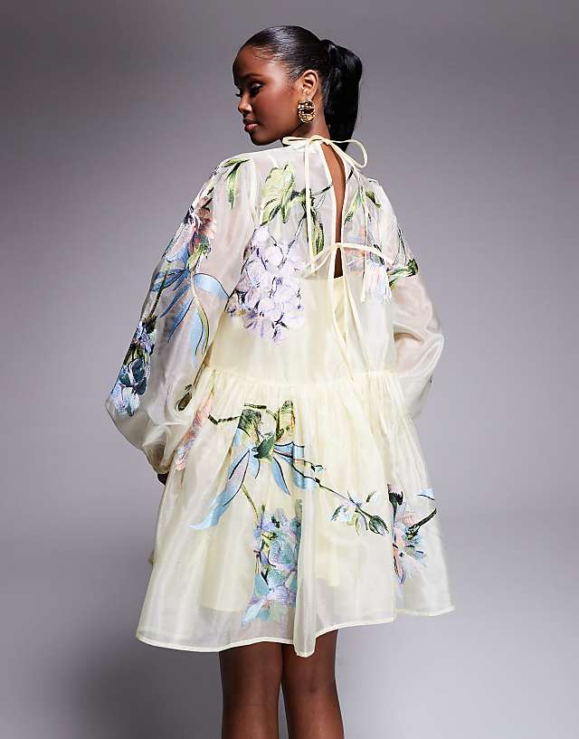 Asos ASOS LUXE Oversized Organza Mini Smock Dress With Floral Embroidery In Buttermilk - YELLOW