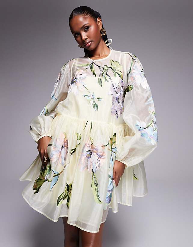 asos ASOS LUXE oversized organza mini smock dress with floral embroidery in buttermilk - YELLOW