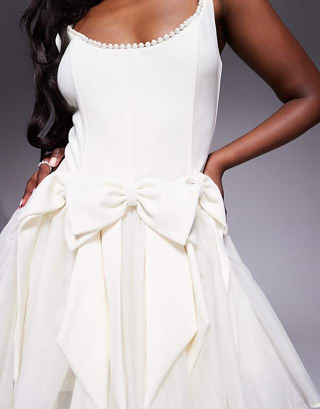 Asos ASOS LUXE Pearl Embellished Corseted Mini Dress With Bows In Cream