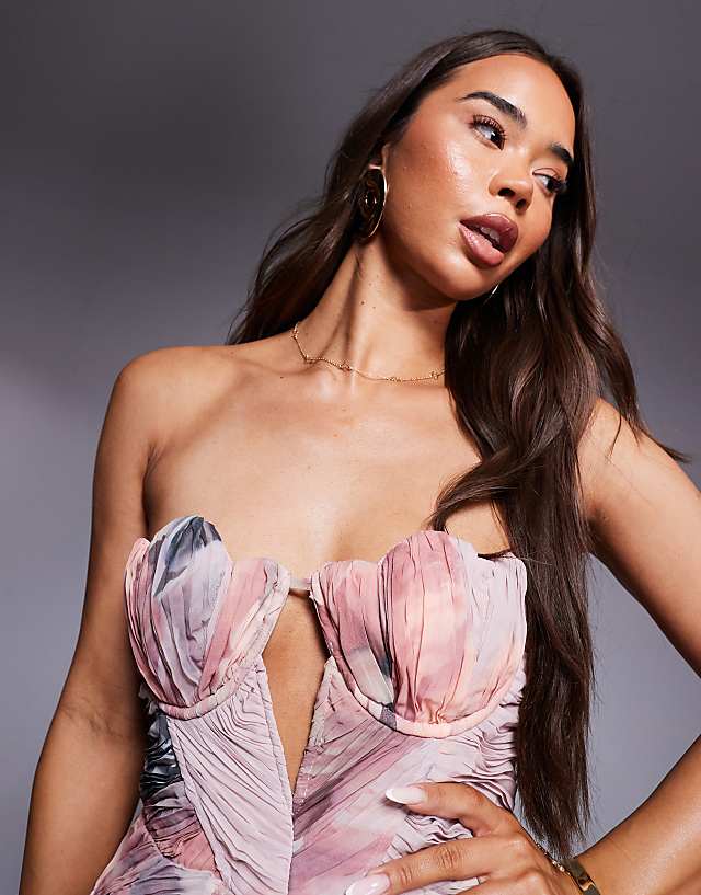 Asos ASOS LUXE Printed Caged Ruched Mini Dress In Floral Print