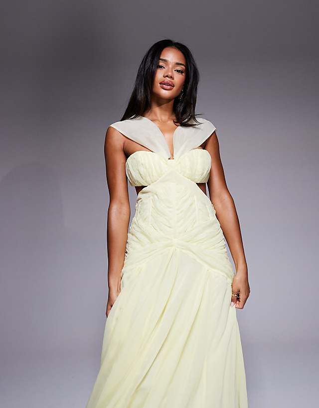 Asos ASOS LUXE Ruched Halter Organza And Chiffon Maxi Dress In Buttermilk