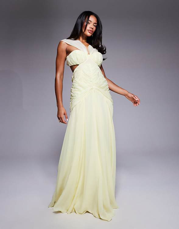 asos ASOS LUXE ruched halter organza and chiffon maxi dress in Buttermilk