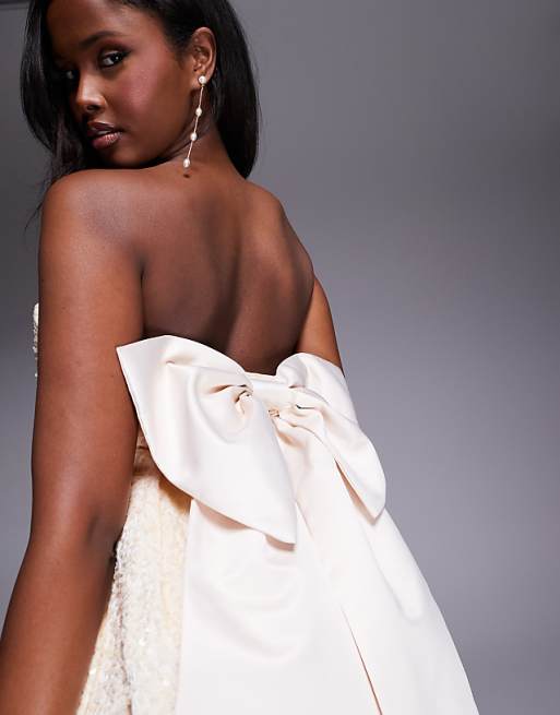 Asos ASOS LUXE Sequin Structured Mini Dress With Satin Bow In Cream