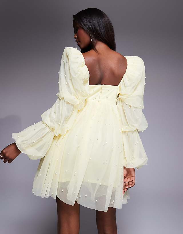 Asos ASOS LUXE Tulle Baby Doll Dress With Pearl Embellishment In Buttermilk