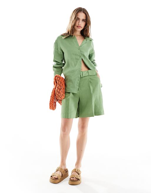 asos Mango linen co-ord shorts in light green