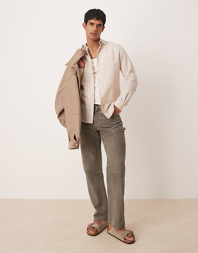 Asos Mango Linen Mix Long Sleeve Shirt In Beige