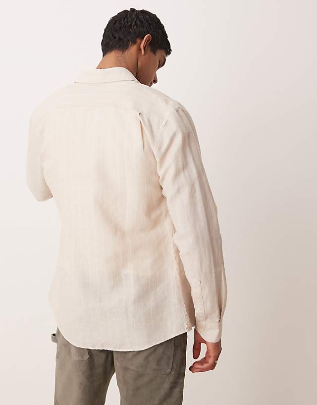 Asos Mango Linen Mix Long Sleeve Shirt In Beige