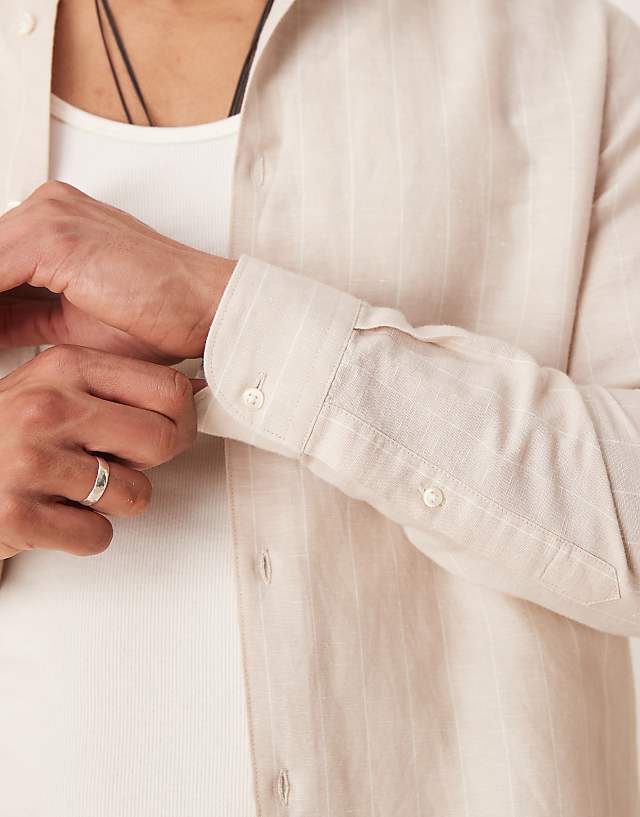 Asos Mango Linen Mix Long Sleeve Shirt In Beige