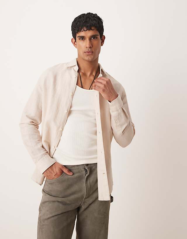 asos Mango linen mix long sleeve shirt in beige