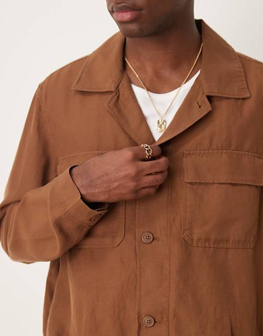 Asos Mango Linen Mix Overshirt In Brown