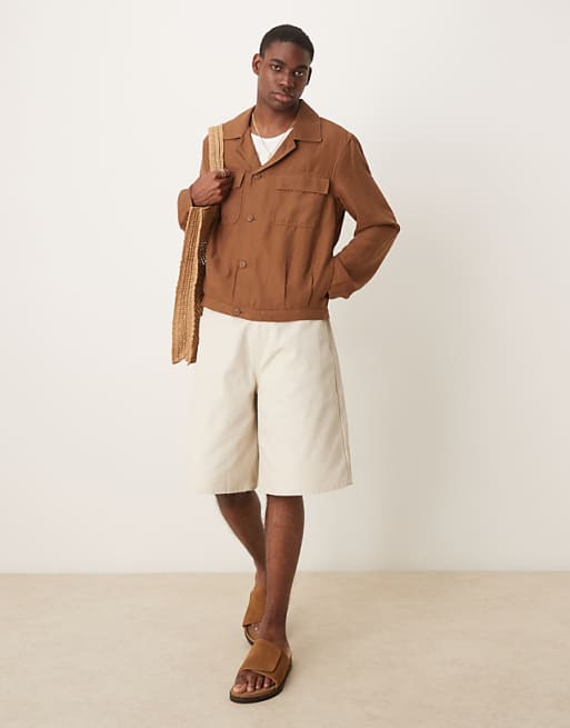 Asos Mango Linen Mix Overshirt In Brown